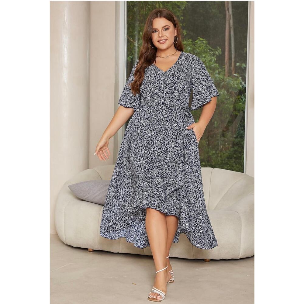 Blue Mini-floral Faux Wrap Dress, Sz 18 Plus - Picture 2 of 4